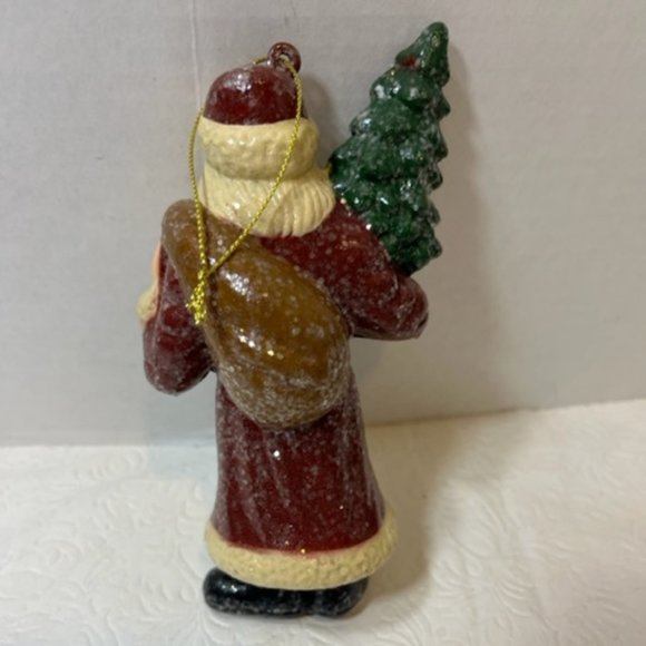 Lg Standing Santa/Father Christmas Glitter Holding w/Tree & Sack Ornament 6" - Picture 2 of 6